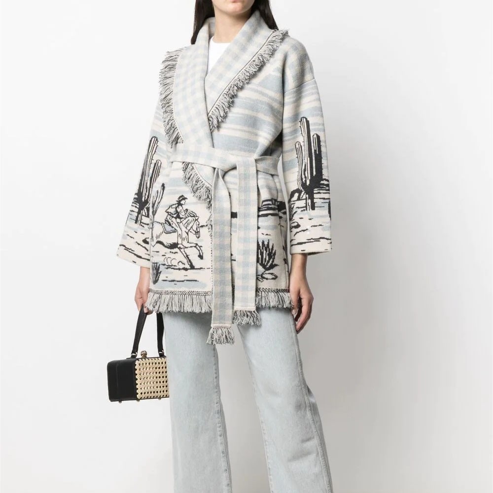 WQJGR Cardigan Sweater Women Wool Knitted Tassel Doodle Jacquard Loose Full Sleeve High-Quality Cashmere Winter Jacket