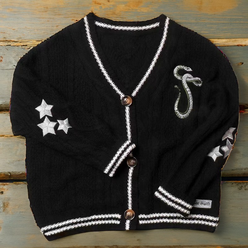 Reputation Cardigan with Snake Star Design  Taylor Inspired Embroidered V-Neck Sweater