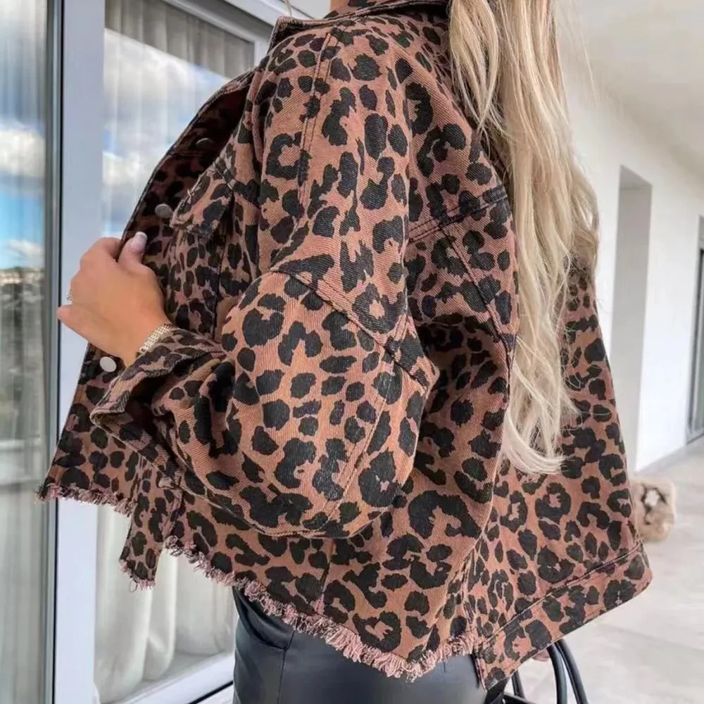 Women's Leopard Print Jacket With Pocket Y2K Fashion Lapel Single-breasted Denim Overcoat Women's Clothing