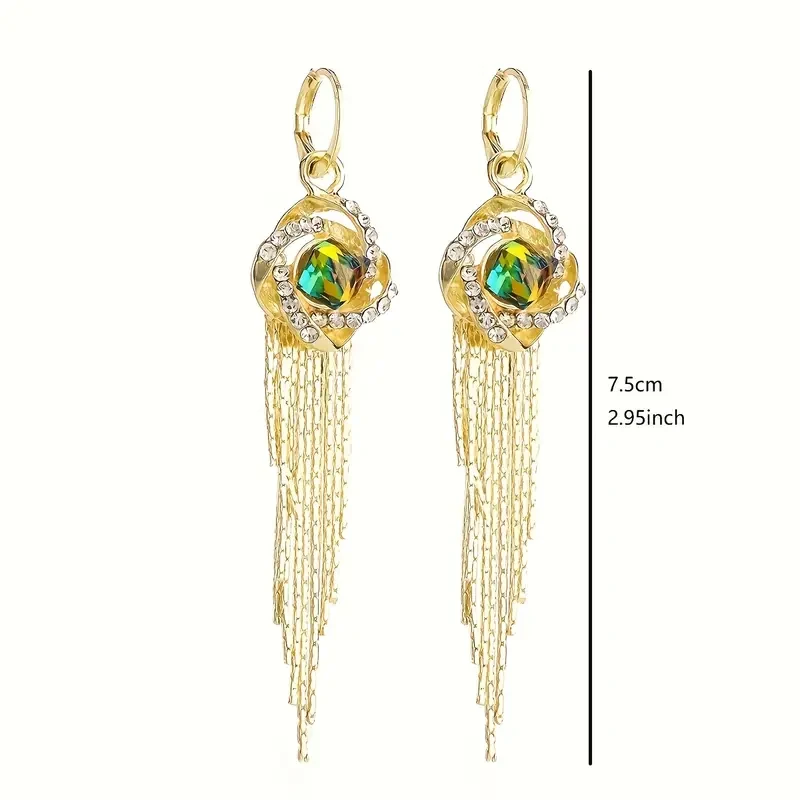 Elegant Golden Tassel Earrings with Sparkling Synthetic Zirconia Stones Perfect for Parties, Everyday Fashion, and Gift-Giving