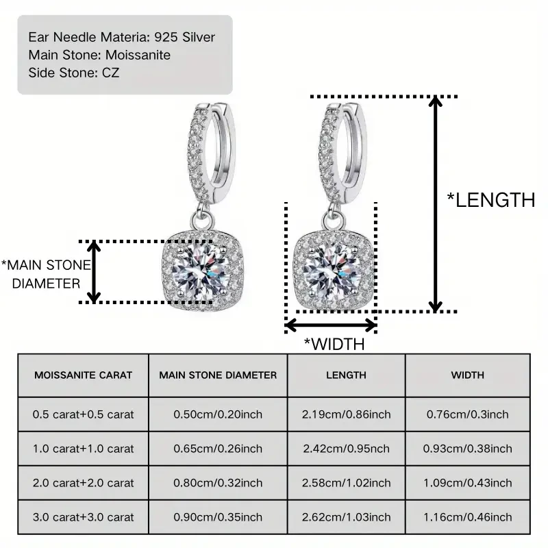 1 Pair of 2.0 Ct White Moissanite Earrings, 3.6g S925 Sterling Silver Sparkling Square Cut with Rhodium Plating, Perfect for Special Occasions and Daily Wear
