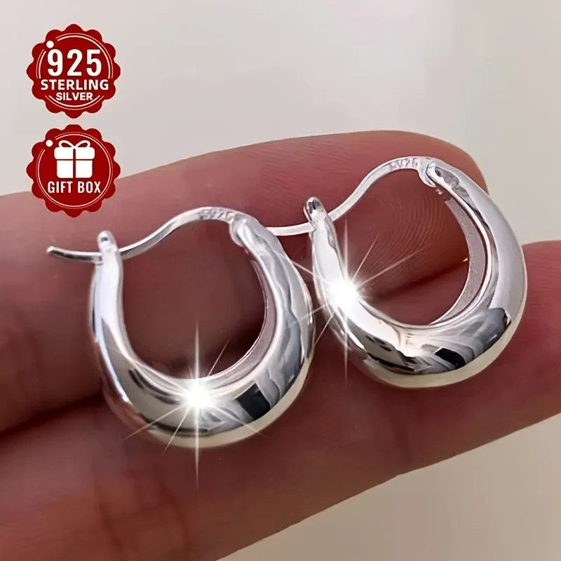 2pcs Womens Fashion Ring and Earring Set 925 Sterling Silver Crescent U-Shaped Hoop Earrings, Simple Style for Daily Wear, Travel, and Parties