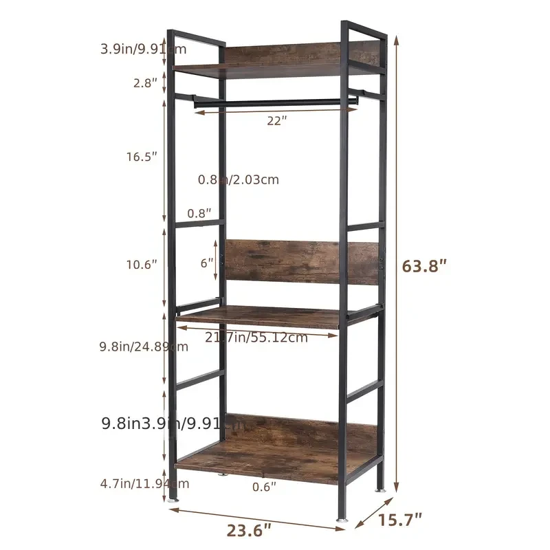 Heavy Duty Industrial Entryway Clothes Rail with Storage Shelves Free Standing Garment Shelf Organizer for Bedroom, Cloakroom, and Entryway