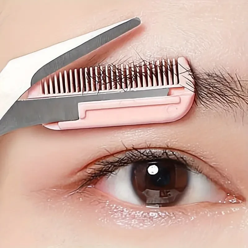 Precision Pink Eyebrow Trimming Scissors with Built-In Comb