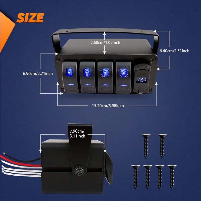 VALESUN 4 Gang Rocker Switch Box with QC 3.0 USB Charger & Voltmeter