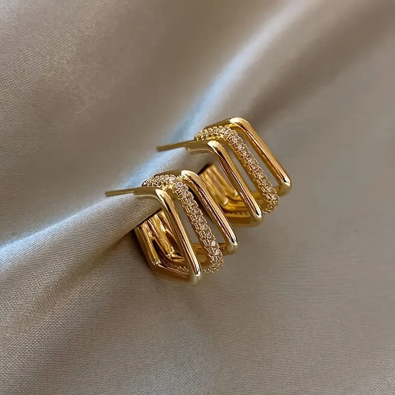 Luxurious Womens Golden Geometric Hoop Earrings with Sparkling Rhinestones Vintage Bohemian Style, Stainless Steel Posts, Perfect Gift for Special Occasions, Novelty Earrings