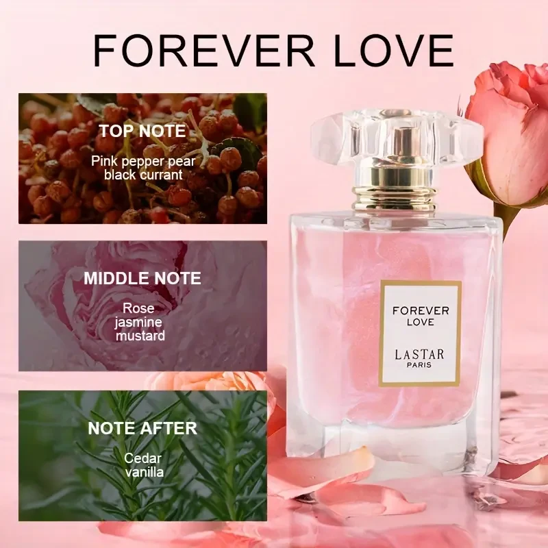 1pc LASTAR Paris Forever Love Eau de Cologne for Women Floral Scent with Rose & Jasmine Notes, Long-Lasting Fresh Fragrance, Alcohol-Based, Formaldehyde-Free, Ideal for Daily Wear & Special Occasions
