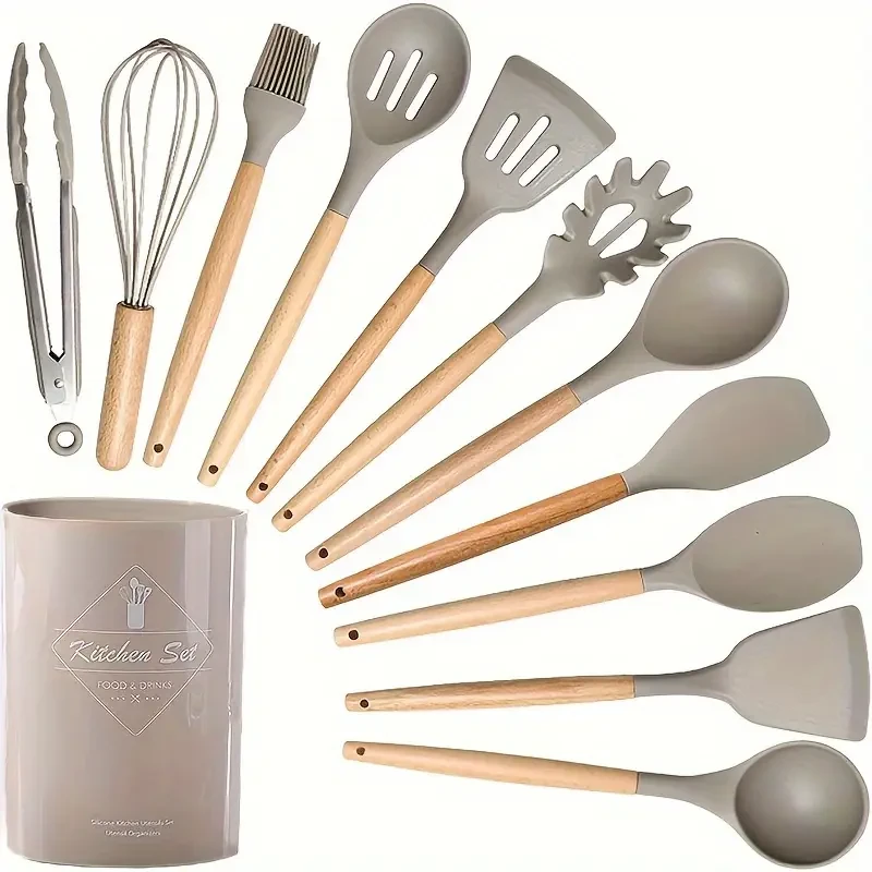 12pcs Silicone Kitchen Utensil Set with Wooden Handles - Heat Resistant, Non-Stick Cooking Tools Including Whisk, Spatulas, Ladle & More - Essential for Home and Restaurant Use, Silicone Cooking Utensils