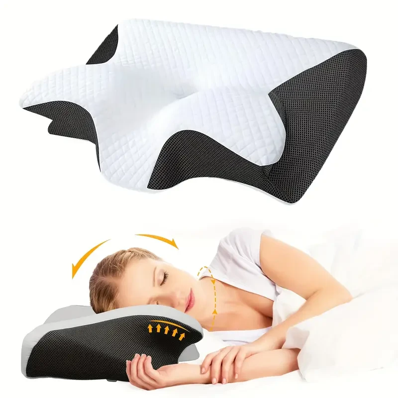 Ergonomic Orthopedic Cervical Memory Foam Pillow with Removable Knitted Polyester Cover - Machine Washable Neck Support for Side, Back, Stomach Sleepers - Breathable Arm Rest Design Bedding Pillow 1pc