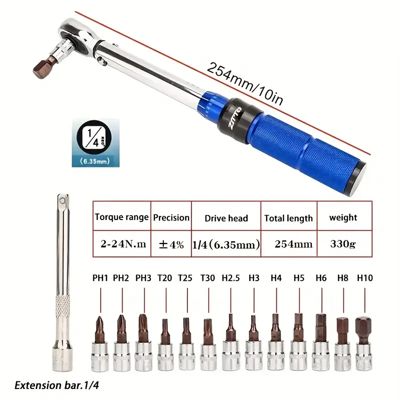15-Piece Adjustable Torque Wrench Set, 2-24Nm