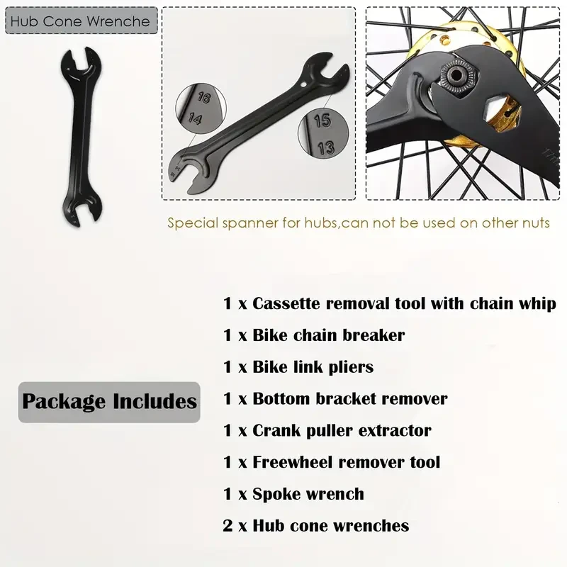 9pcs Professional Bicycle Repair Tool Kit with Stainless Steel Chain Whip