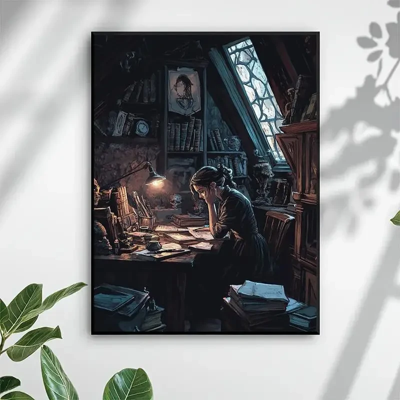 1pc Unique Creative Poster of a Girl Reading Under an Antique Study Lamp A Captivating Wall Art Print for Thoughtful Spaces