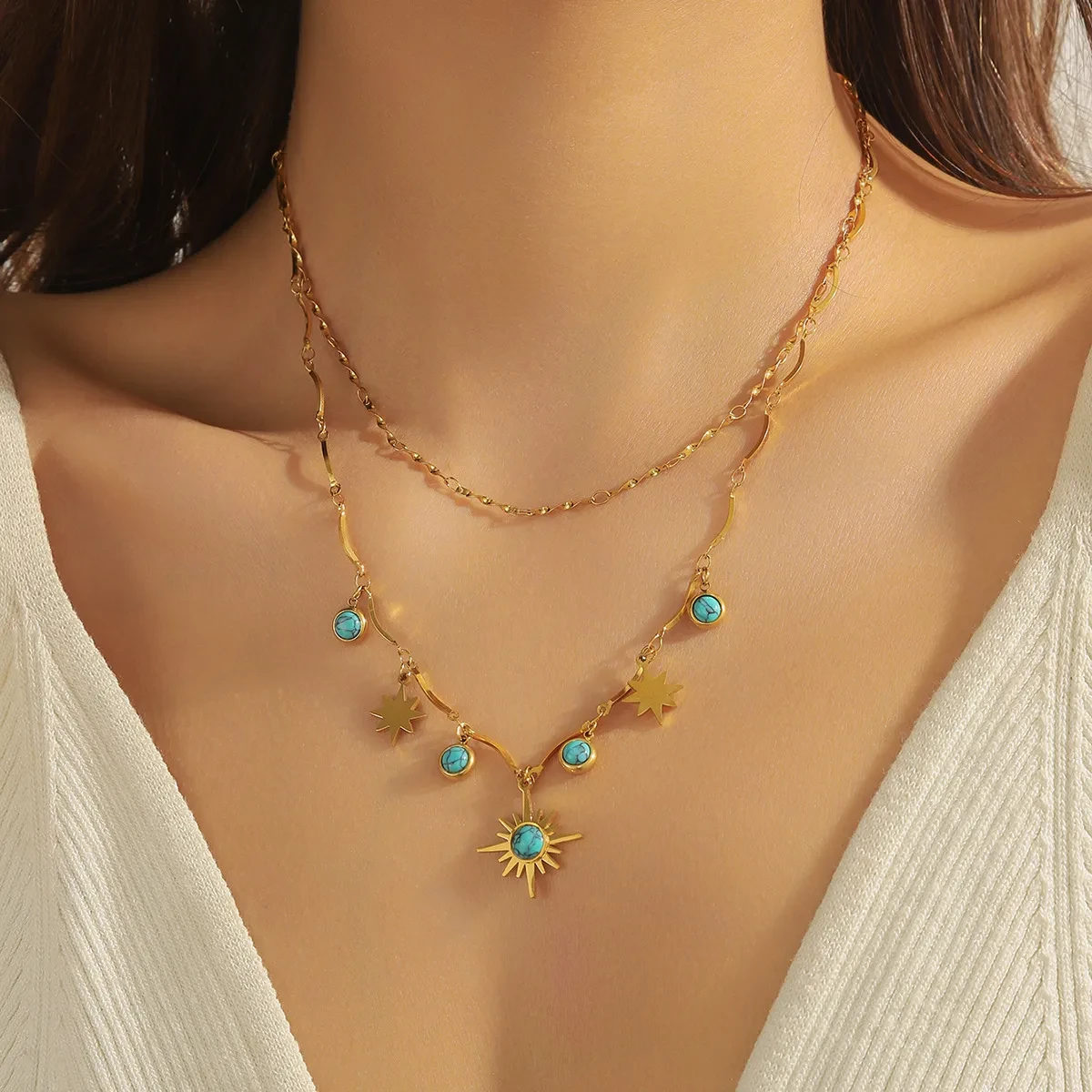 Retro Turquoise Eight-pointed Stars Clavicle Necklace Double Layer
