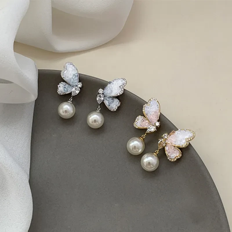 Gradient Butterfly Pearl Earrings With Rhinestones For Women