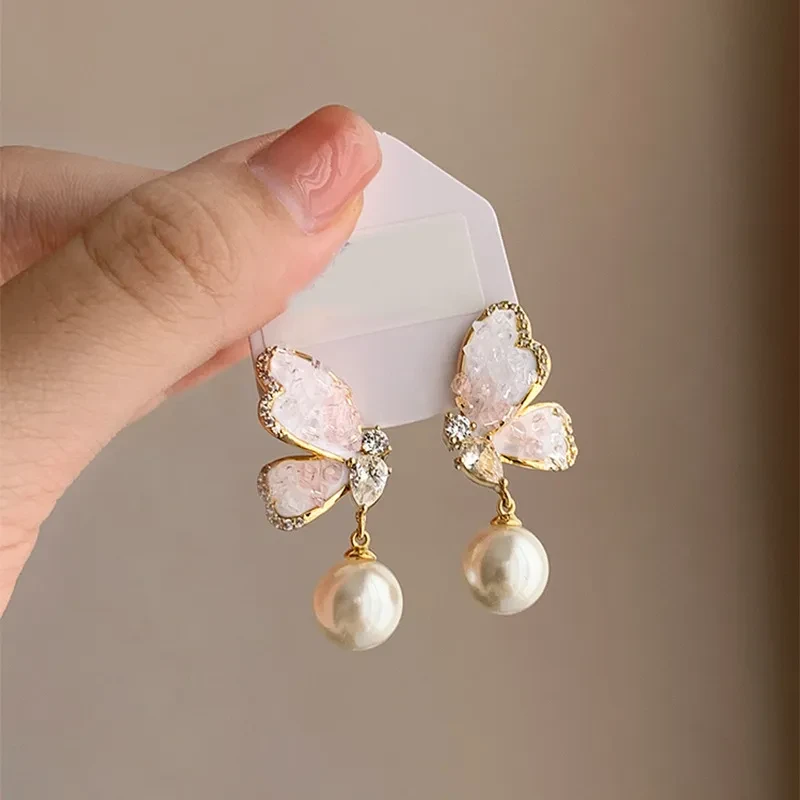 Gradient Butterfly Pearl Earrings With Rhinestones For Women