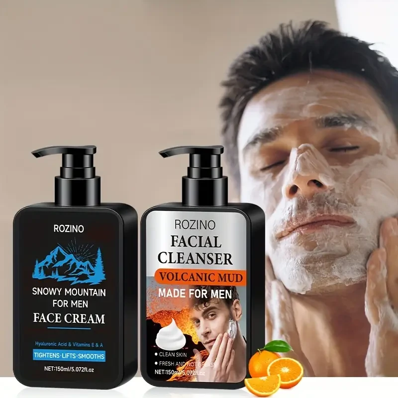 Men'S Skin Care Set Contains Volcanic Mud Cleanser, Strong Adsorption, Rich Foam, Deep Cleansing, Snow Mountain Cream, Mild Ingredients, One Touch of Absorption, Moisturizing, Care for The Skin, Making The Skin Smoother And More Delicate