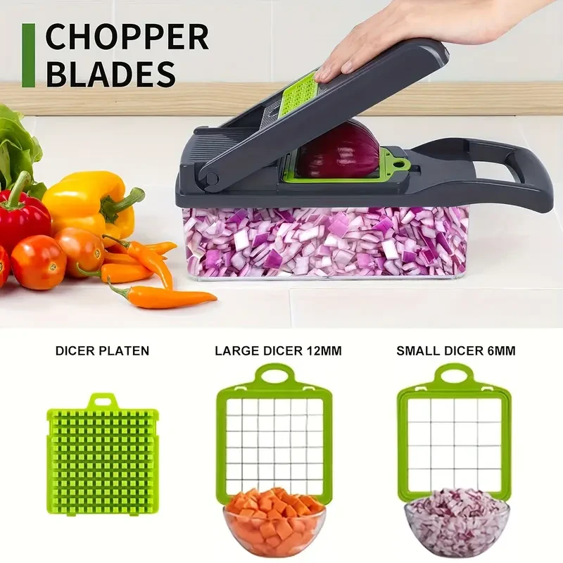 16-in-1 Multifunctional Vegetable Chopper - Manual Food Slicer Dicer with Container, Kitchen Veggie Cutter for Onion, Carrot, Garlic - Plastic Kitchen Gadget Set with Drain Basket & Hand Protector