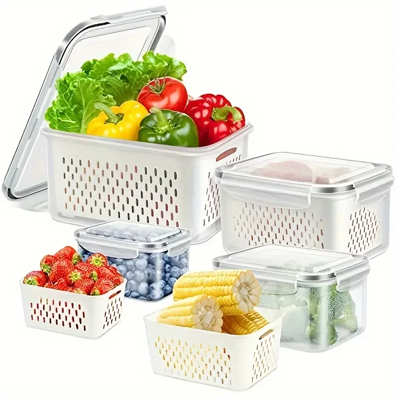 6-Pack Bpa-Free Plastic Food Storage Containers with Lids for Refrigerator, Multifunctional Airtight Freshness Preserving Bins, Drainage Box Set for Fruits, Vegetables, And Kitchen, Restaurant, Supermarket Pantry Organization