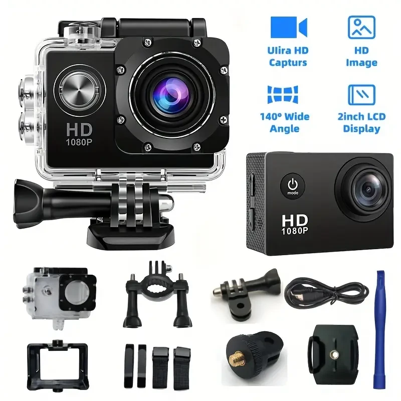 This Is a 1080P HD Action Camera Featuring Ultra HD Recording, a 140 Wide-Angle Lens, a 5.08Cm LCD Screen, Designed for Outdoor Sports Recording, with Automatic Exposure, Digital Stabilization, a Fisheye Lens, And Powered by Battery Or USB, Saving Files