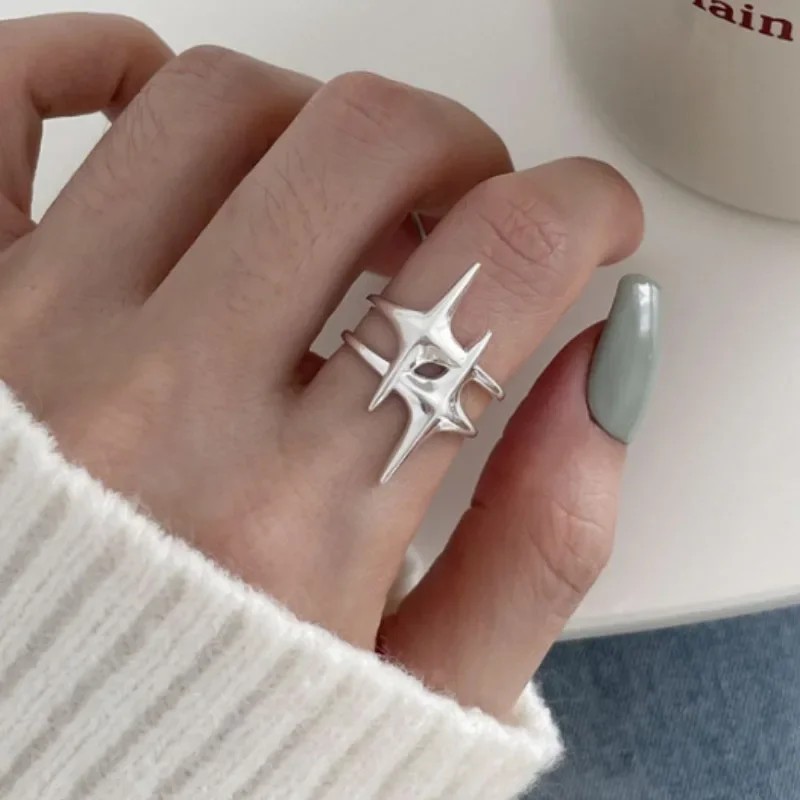 Y2K Hip Hop Silver Color Copper Stars Open Rings for Women Men