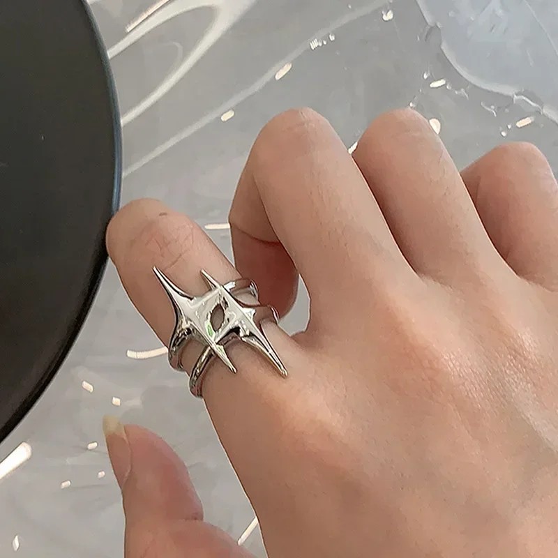 Y2K Hip Hop Silver Color Copper Stars Open Rings for Women Men
