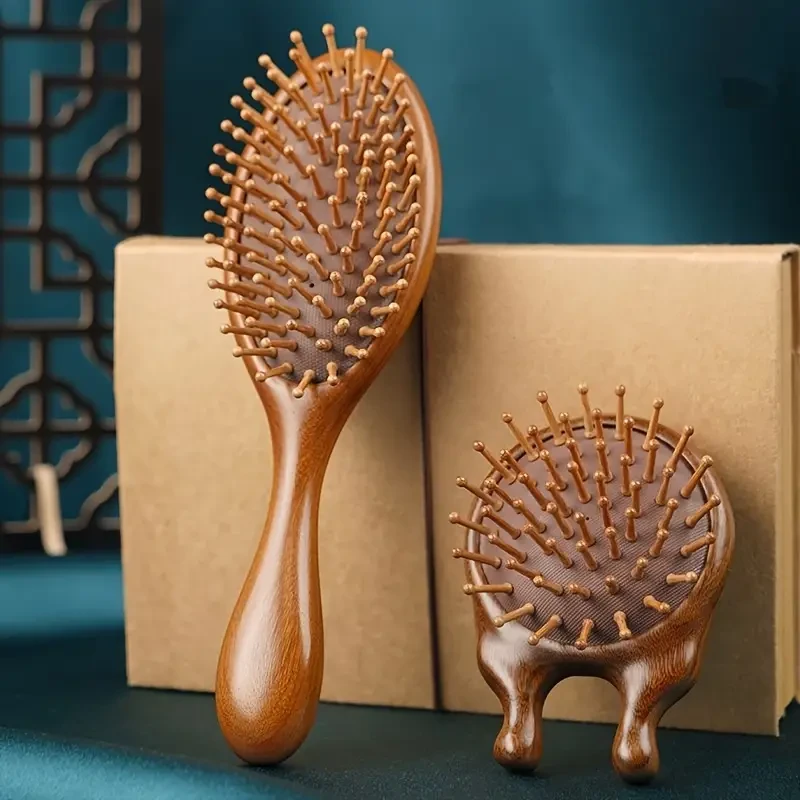 2pcs Sandalwood Bristle Scalp Massager, Wooden Hair Brush Set for Normal Hair, Anti-Dandruff Finishing Comb for Hair Growth and Scalp Care