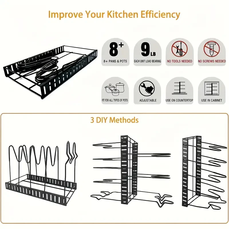 8-Tier Iron Pot Rack Organizer, Heavy-Duty Metal Pot and Pan Storage, Rust-Resistant Kitchen Rack with Anti-Slip Layers, Space-Saving Floor Standing Pot Holder for Home and Restaurant Use