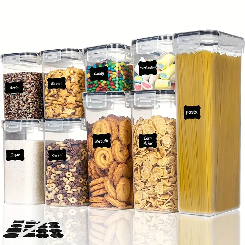 5pcs Airtight Food Storage Container Set, BPA-Free Plastic Kitchen Pantry Organization Canisters, Dishwasher Safe, with Lids, Labels & Marker for Cereal, Flour, Pasta, Snack & Sugar