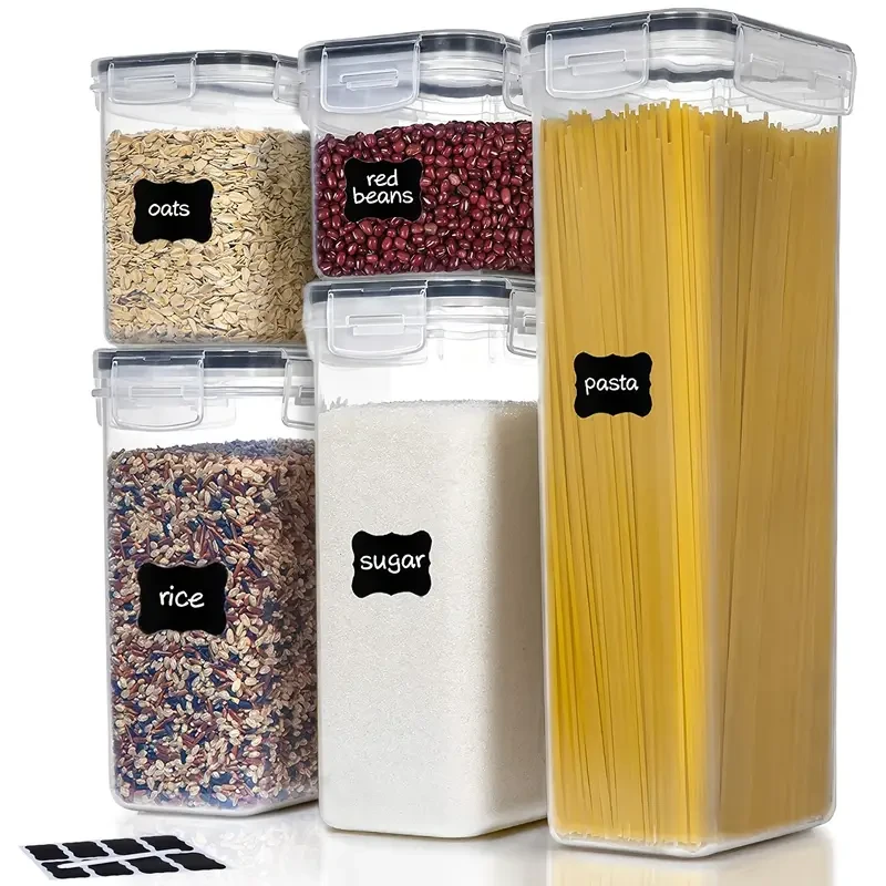 5pcs Airtight Food Storage Container Set, BPA-Free Plastic Kitchen Pantry Organization Canisters, Dishwasher Safe, with Lids, Labels & Marker for Cereal, Flour, Pasta, Snack & Sugar