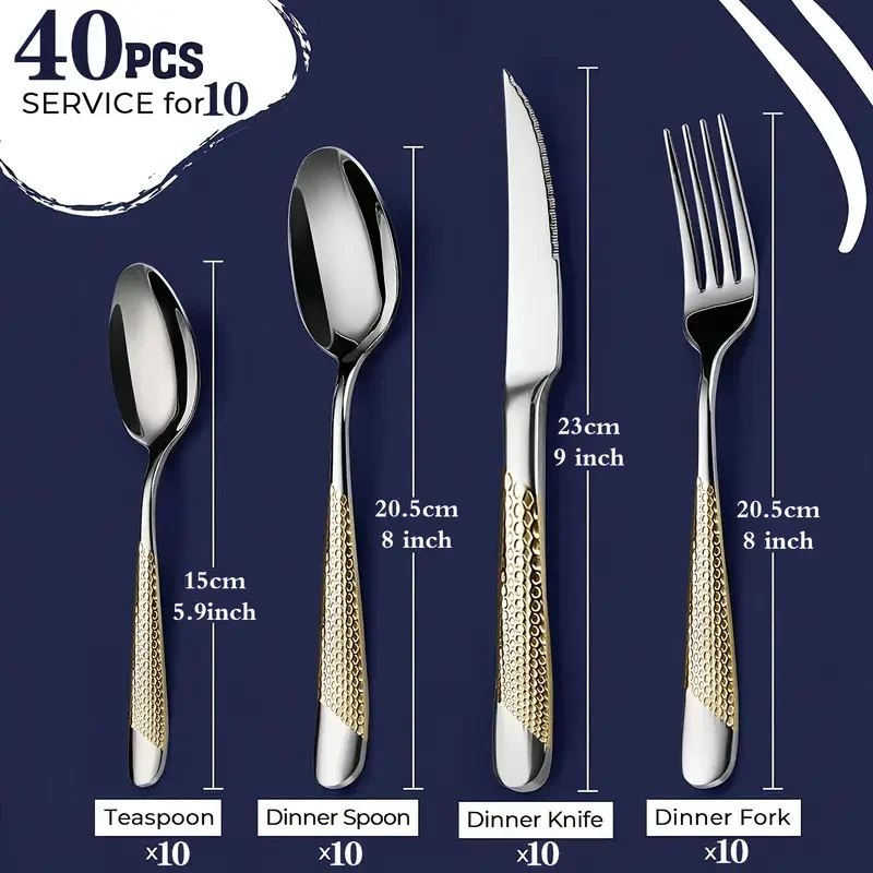 20/40pcs Silverware Set, Hammer Texture Handle, Durable Tableware Including Spoon, Fork, Knife, Mirror Polished High Quality Stainless Steel, Dishwasher Safe, Suitable for Home Kitchen, Restaurant, Hotel, Party, Wedding