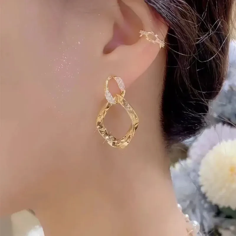 Double-layer Ring Buckle Metal Circle Micro Rhinestone Earrings