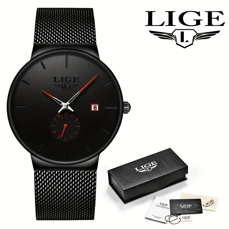 LIGE Men's Minimalist Black Quartz Watch with Rose Golden Accents
