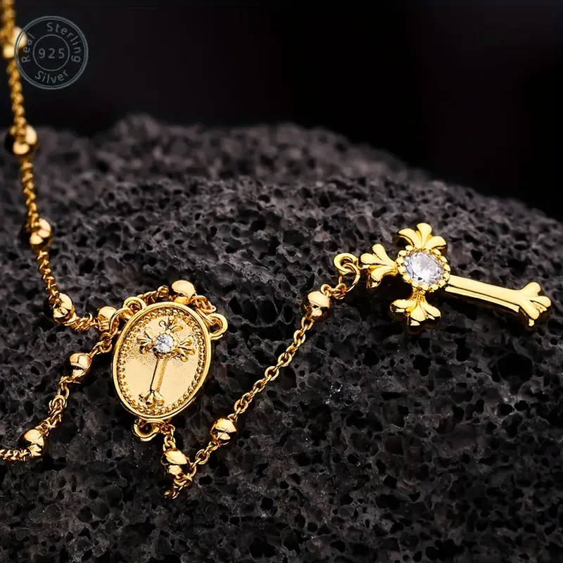 925 Sterling Silver Italian Rosary Cross Y-shaped Necklace