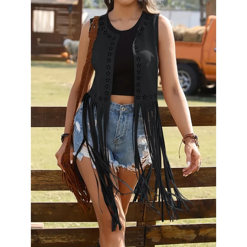 Hollow-out Sleeveless Stitching Suede Vest Jacket