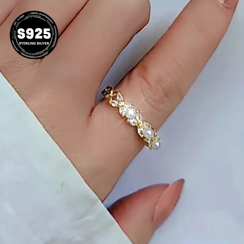 Elegant 925 Sterling Silver Open Ring with Cubic Zirconia and Imitation Pearl Grace in Every Gesture