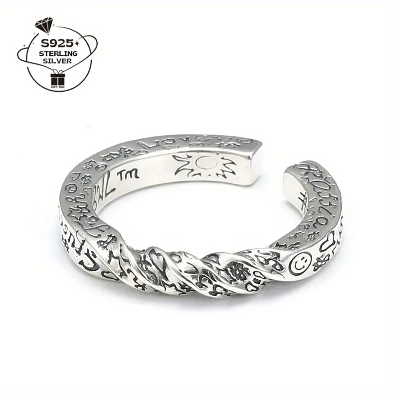 925 Silver Vintage Adjustable Ring with Engraved Happy Face Design Perfect for Daily Wear & Holiday Gift