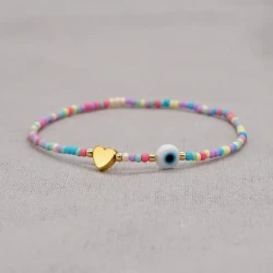 Bohemian Handwoven Glass Bead Bracelet with Heart Charm and Evil Eye Accent, Adjustable Multicolor Strand for Daily Wear and Gift-Giving, No Plating  1PC