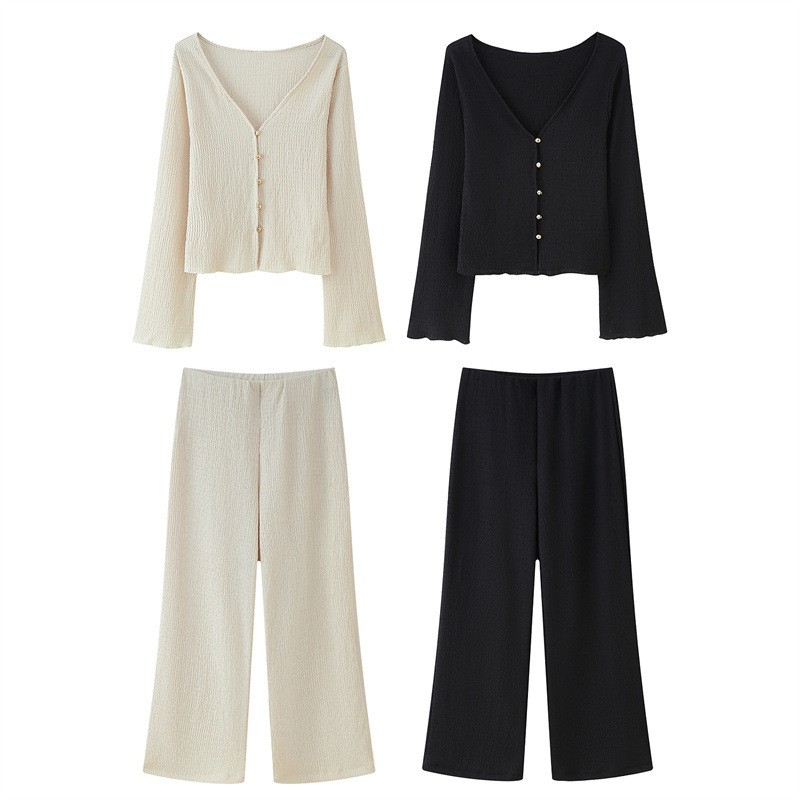 Texture Sense V-neck Long Sleeve Top Baggy Straight Trousers Suit
