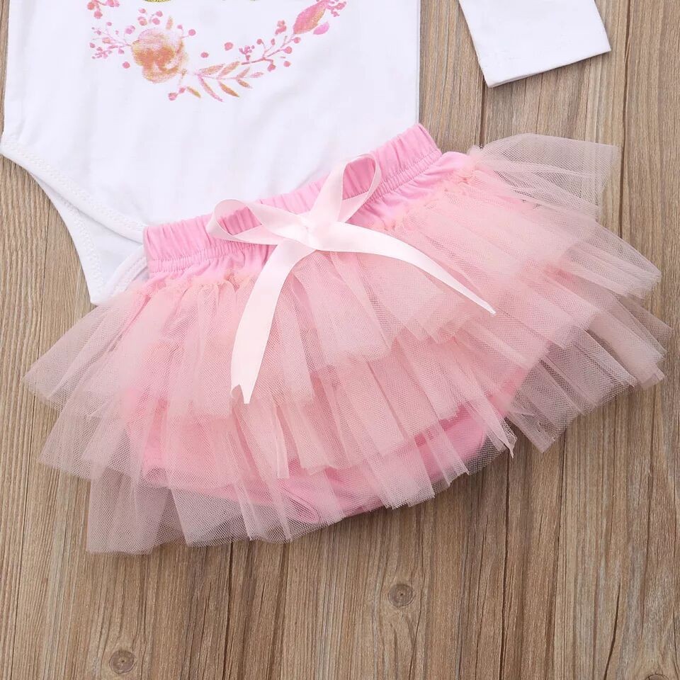 Girls' Letter Long Sleeve Flounced Sleeve Romper Mesh Skirt Outfit