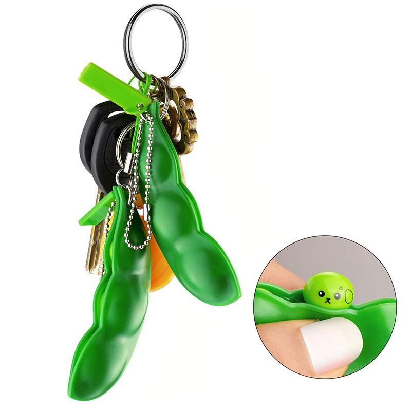 2Pcs Peapod Fidget Toy  Squeeze Bean Edamame Pea Keychain Keyring