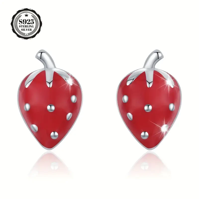 2pcs Womens Fashion Earrings S925 Silver Cute Strawberry Studs  Sweet and Elegant Womens Earrings