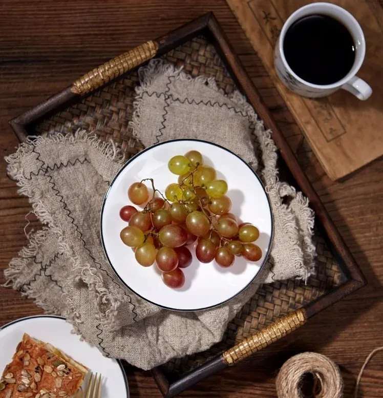 Handmade Wooden Retro Dinner Plate With Handle Water Breakfast Plate Kitchen Tea Tray Tea Set