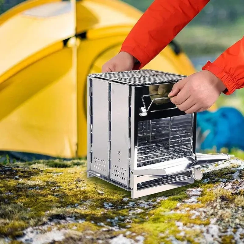 Mini Outdoor Firewood Stove Camping Cooking Picnic Grill Folding Stove Square Wood Steel Travel Charcoal