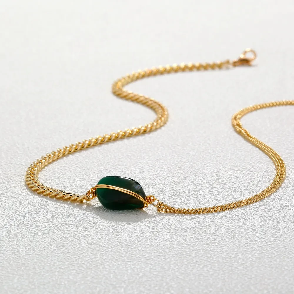 Niche Design Double Chain Green Special-shaped Natural Stone Handmade Necklace