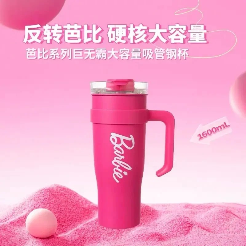 MINISO Barbie Co-Branded 1600ML Large-Capacity Stainless Steel Water Cup  Thermal Insulation, Pink, Girls Water Bottle