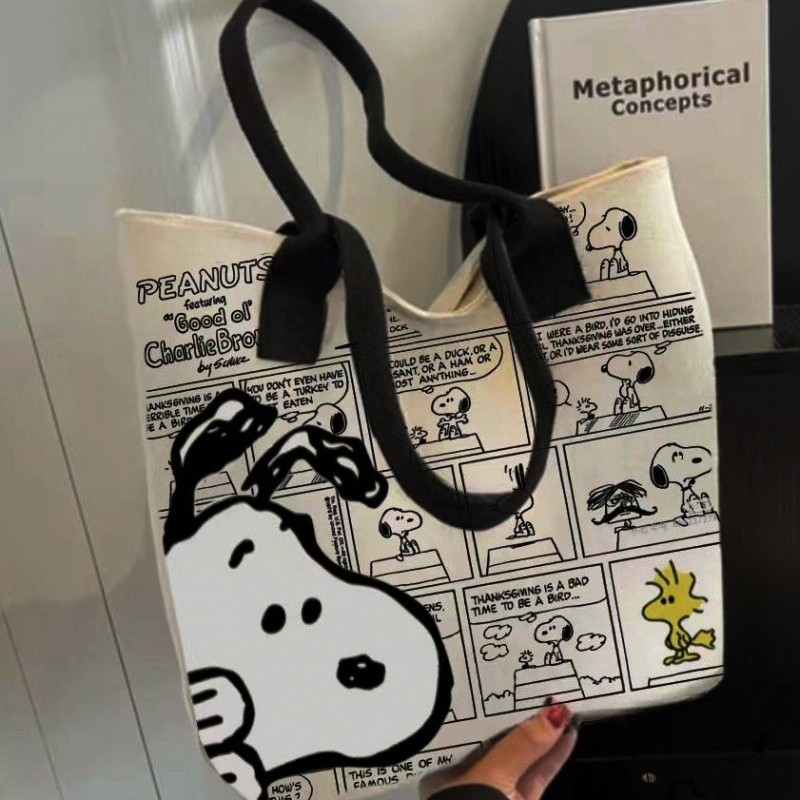MINISO Snoopy Cartoon Printed Canvas Bag  Large Capacity Handbag, Casual Versatile Tote Bag, Shopping Bag, Shoulder Bag