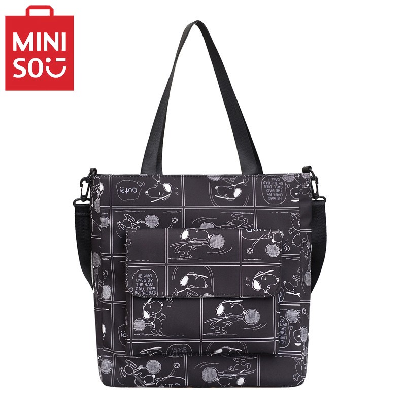 MINISO Snoopy Cartoon Print Tote Bag  Fashionable Large Capacity Casual One Shoulder Crossbody Bag, Nylon Pink Handbag