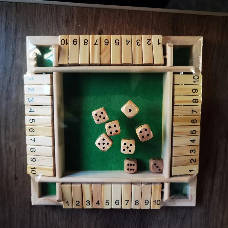 Shut the Box Family Game - 4-Sided Wooden Board with 8 Dices