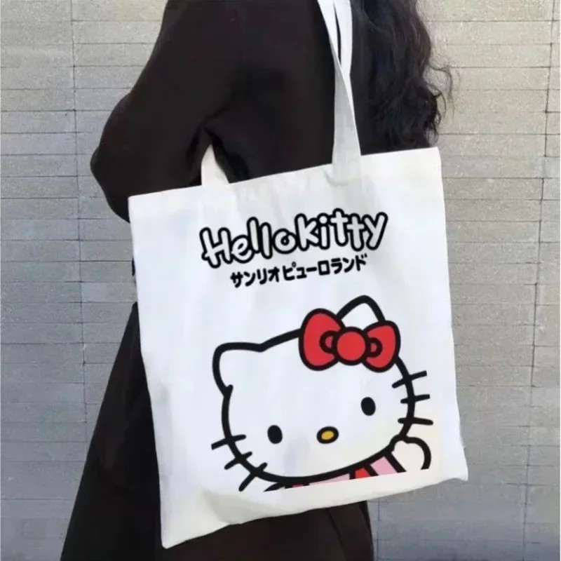 MINISO Disney Women Cute Hello Kitty Canvas Tote Bag  Femme Shopping Shoulder Bag, Travel Tote, Luxury Designer Handbag