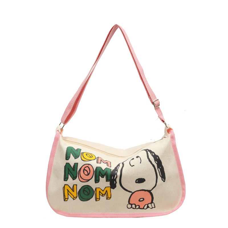 MINISO Snoopy Cartoon Cute Print Canvas Bag  Large Capacity One Shoulder Dumpling Bag, Women's Crossbody Bag